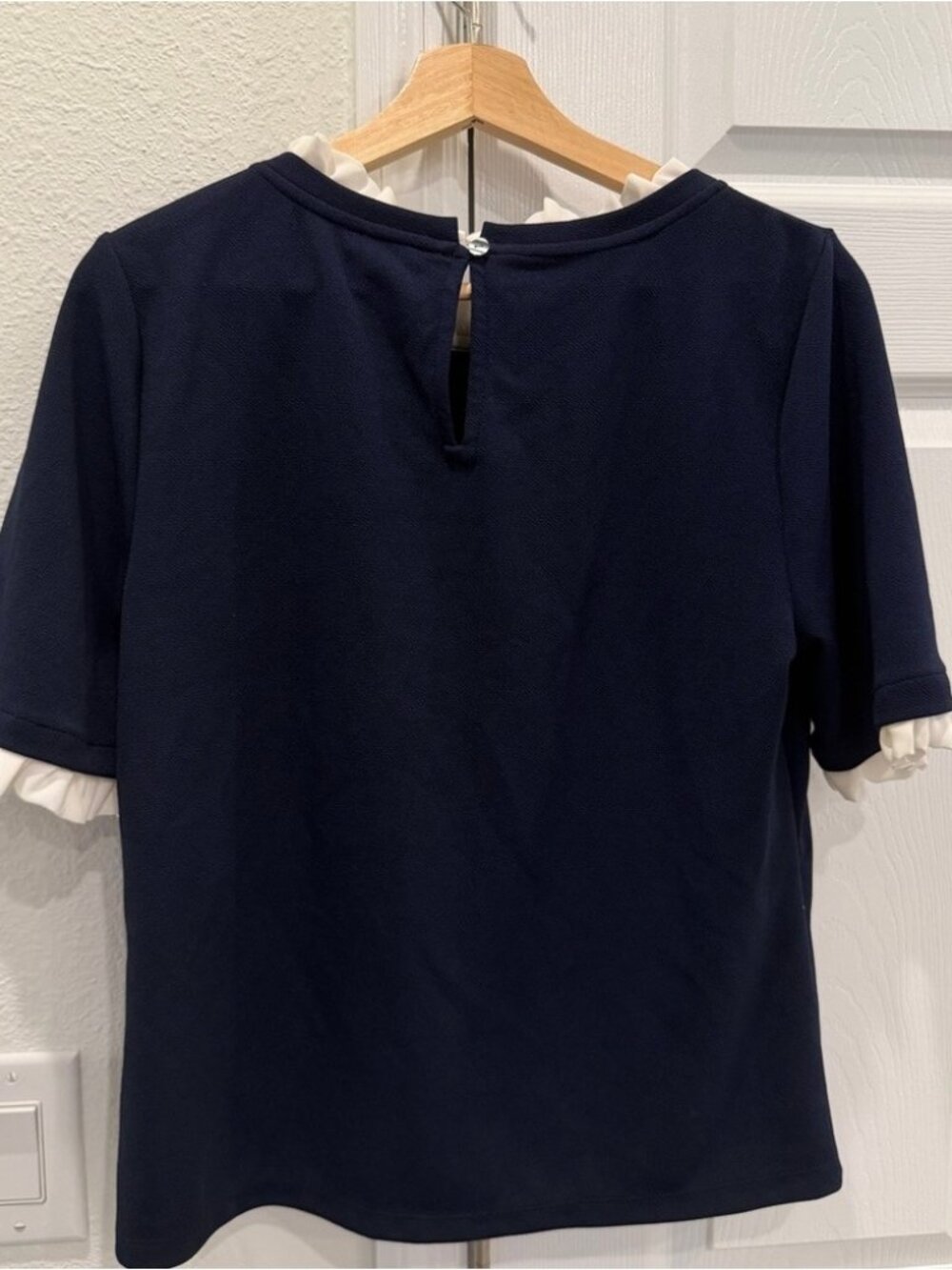 Navy Top with Cream Ruffle Trim - Picture 2 of 4